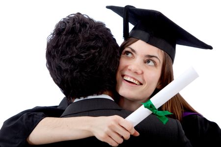 Graduation woman hugging a man isolated over a white background