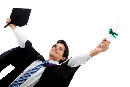 Happy graduation man celebrating isolated over a white background