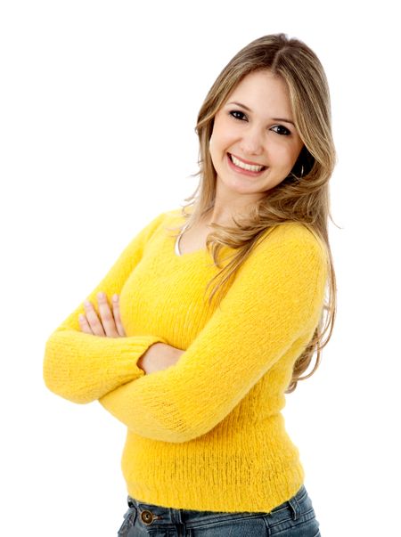 Beautiful casual girl smiling isolated over a white background