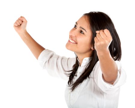 Female winner with arms up isolated over a white background