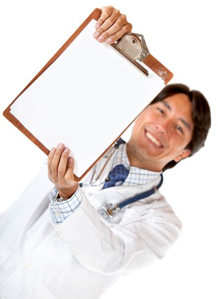 Male doctor displaying a clipboard isolated over a white background