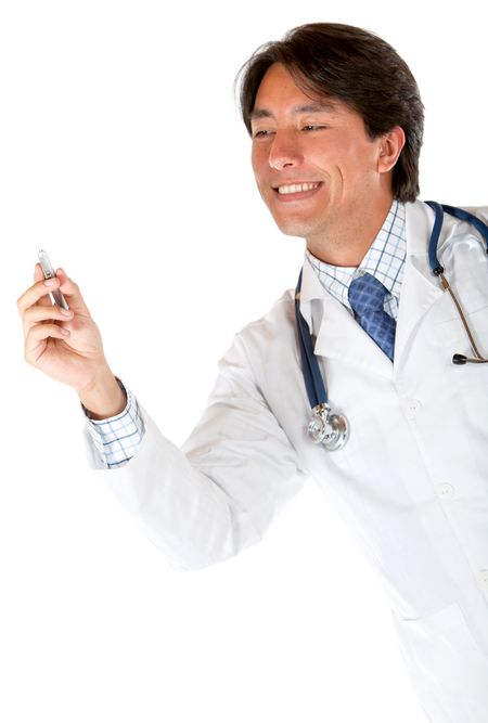 Male doctor holding a pen to write something isolated on white