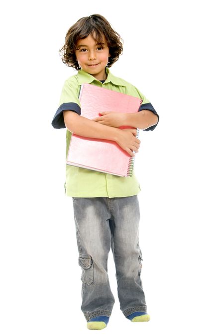 Cute child student holding a notebook isolated on white