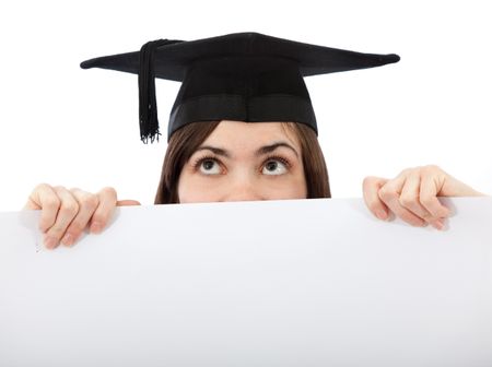 Graduated woman covering her face with a banner isolated on white