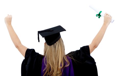Excited graduated woman isolated over a white background