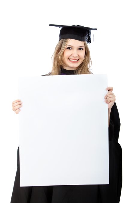 Graduated woman holding a banner isolated on white