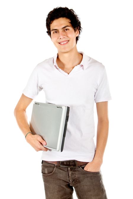 man carrying a computer isolated on white