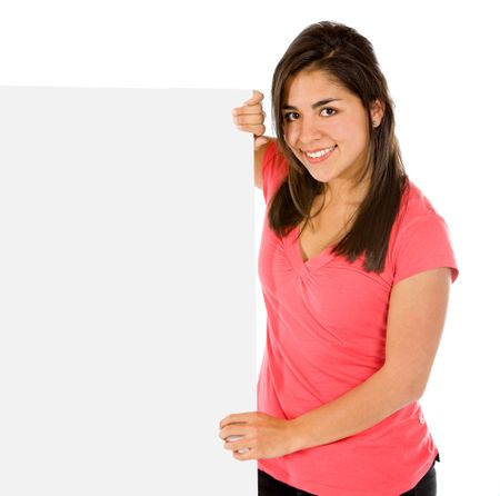 Happy girl holding a banner isolated on white