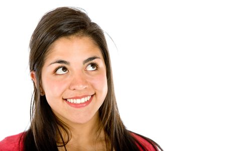 Pensive girl looking up isolated on white