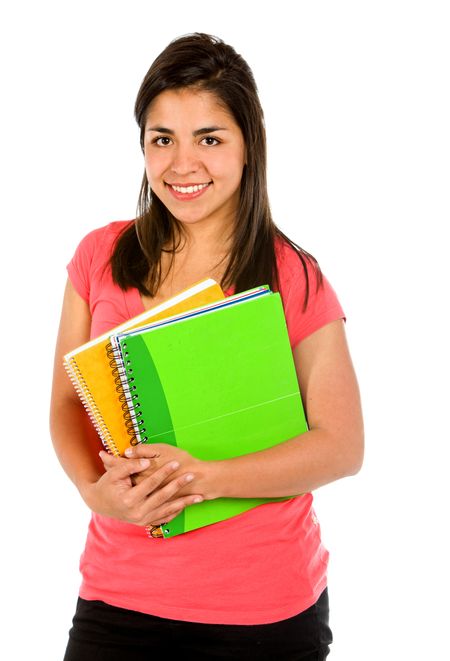 Female student holding some notebooks isolated on white