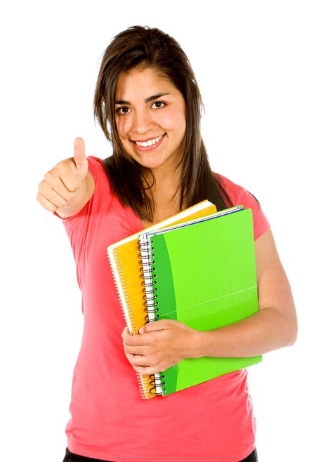 Female student with her thumbs up isolated on white