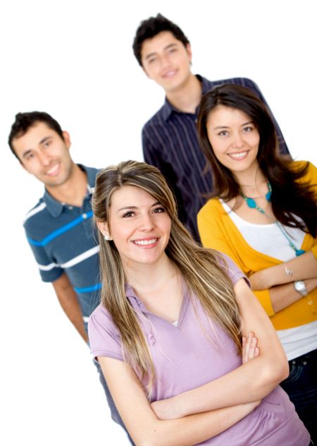 Casual group of people smiling isolated over a white background