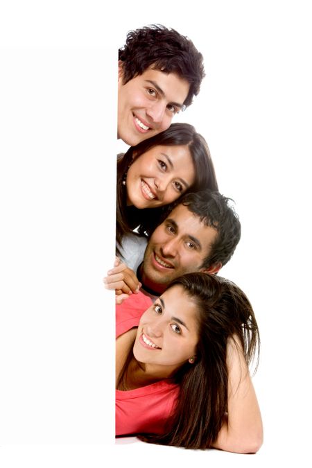 Group of friends coming from a banner isolated over white