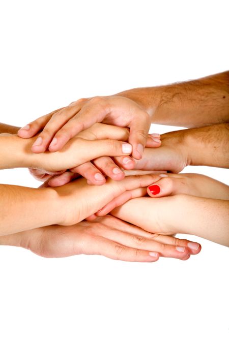 People with hands together isolated over a white background -teamwork concepts