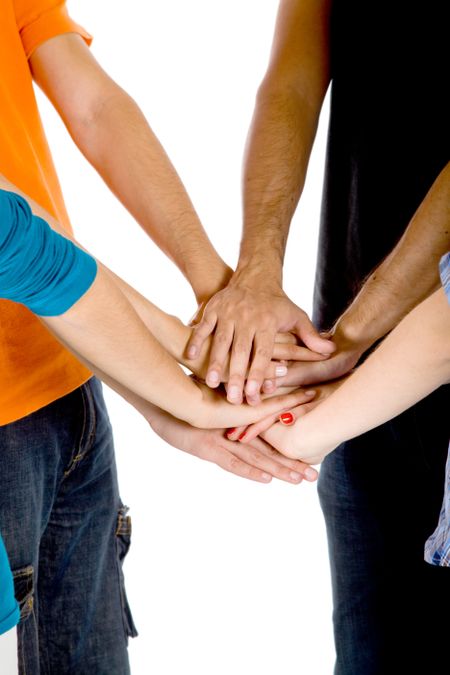 People with hands together isolated over a white background -teamwork concepts