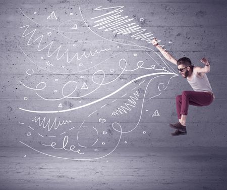 A mad hipster guy with beard shouting drawn white lines, curves on concrete urban wall illustration background concept