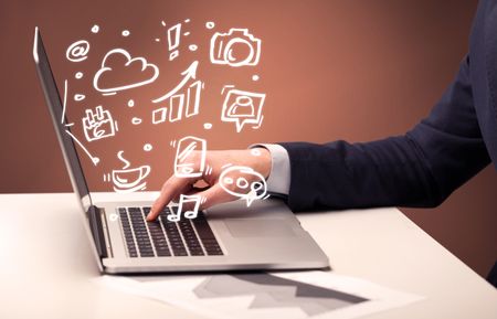 An elegant businessman sitting at desk and pushing the buttons of his laptop keyboard while working on everyday office tasksillustration concept