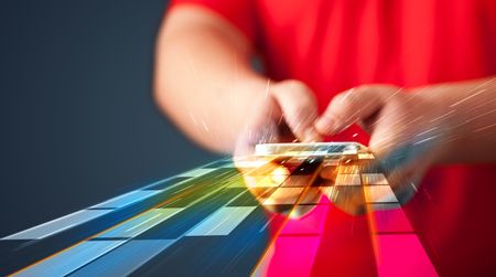 Man holding smartphone with abstract futuristic lines 