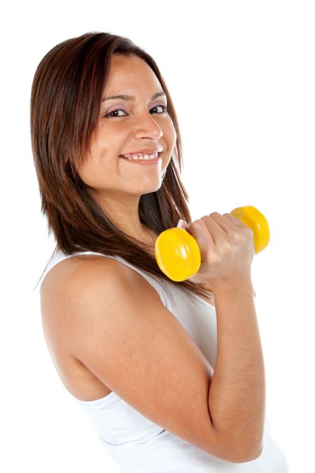 Woman with free-weights isolated over a white background