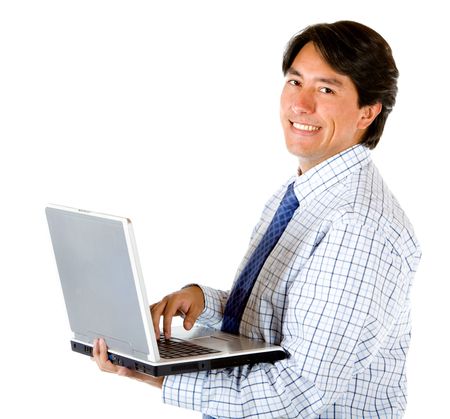 Businessman holding a computer isolated on white