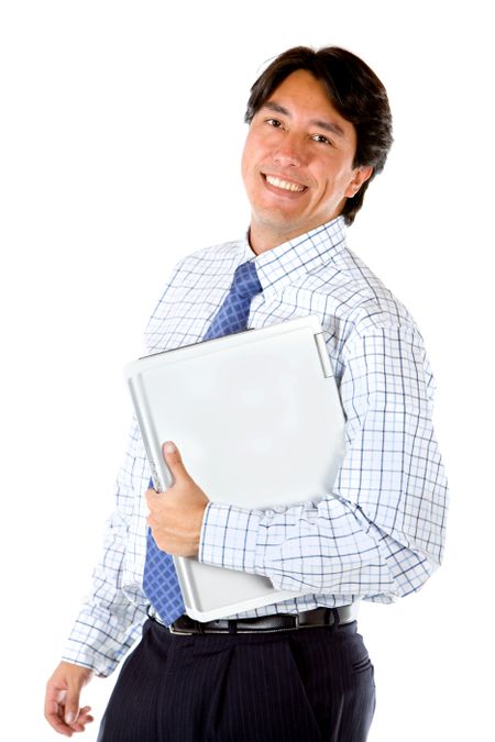 Businessman carrying a computer looking happy isolated on white