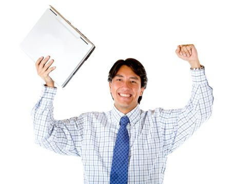 Excited business man with a laptop isolated- online success