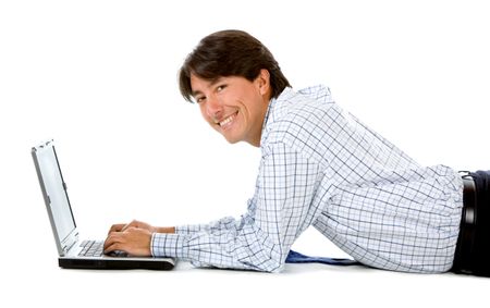Business man with a computer isolated over a white background