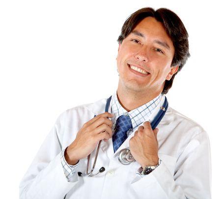Male doctor smiling isolated over a white background