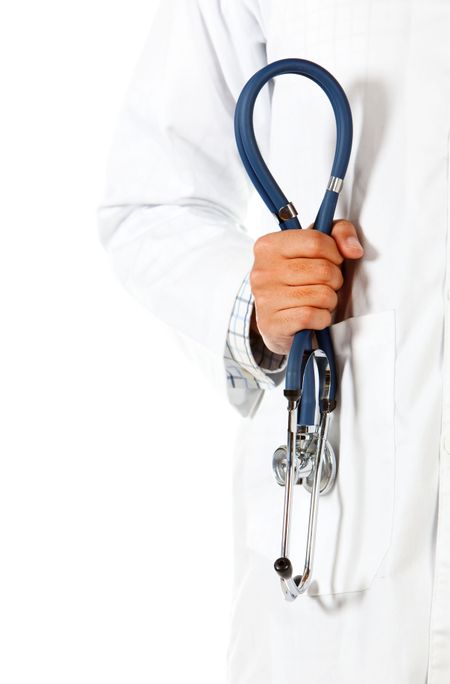 Unrecognizable doctor holding a stethoscope isolated over a white background
