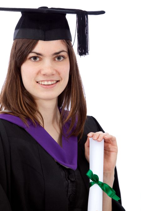 Graduation woman portrait smiling isolated on white