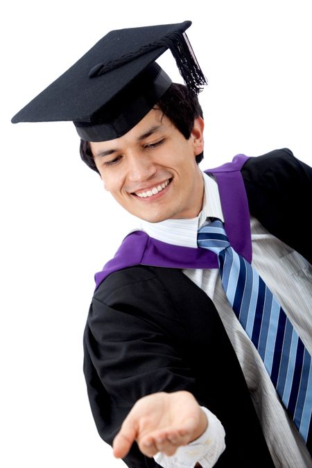 Graduated man holding an imaginary object isolated on white