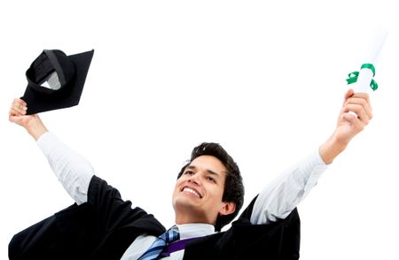 Excited male graduate celebrating isolated over a white background