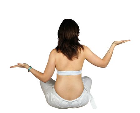 girl sitting with her back showing  and armos open to place elements