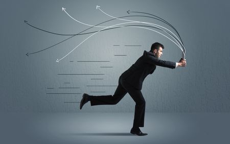 Running businessman with device and hand drawn lines concept on background