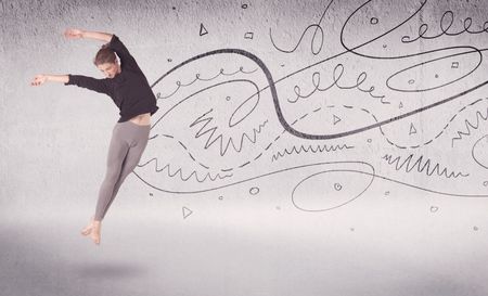 Ballet dancer performing art dance with hand drawn lines and arrows concept on background