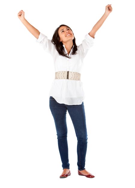 Woman with arms up isolated over a white background