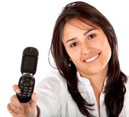 Woman displaying a cell phone isolated over a white background