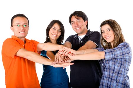 Group with hands together in the middle - isolated over a white background