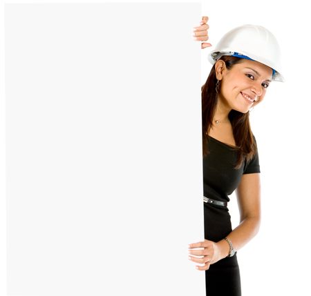 Female engineer with a banner isolated over a white background