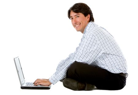 Business man working on a laptop isolated over a white background