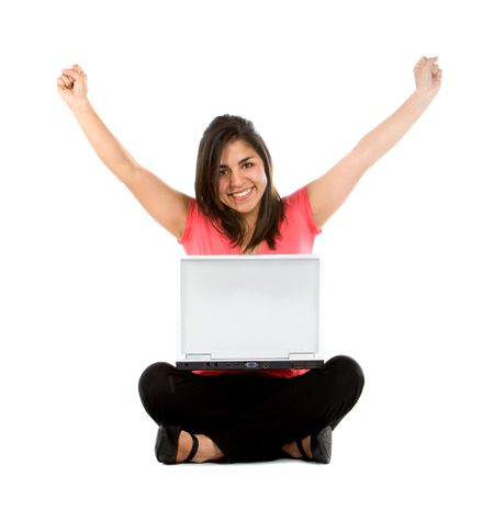 Happy woman with a laptop isolated over a white background