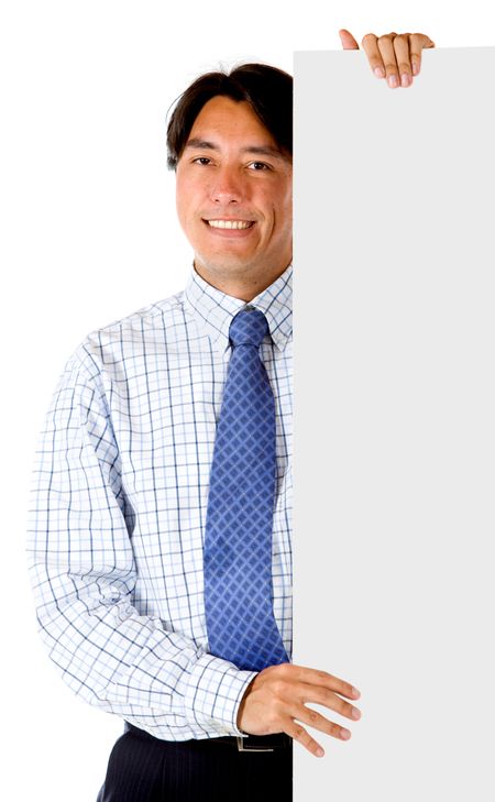 Business man with a banner isolated over a white background