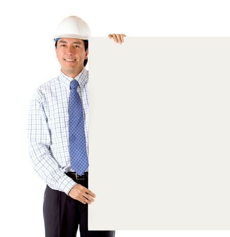 Male engineer with a banner isolated over a white background