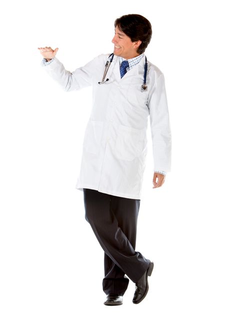 Male doctor leaning on something imaginary - isolated