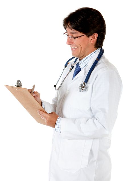 Doctor writing on a clipboard isolated over a white background