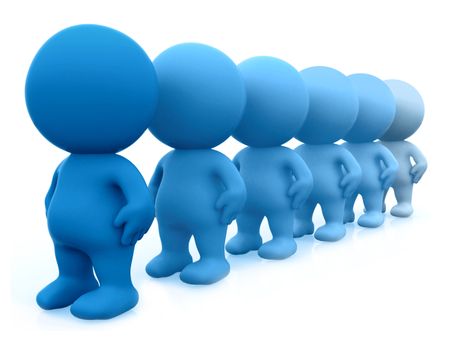 Blue 3D men standing in line isolated over a white background