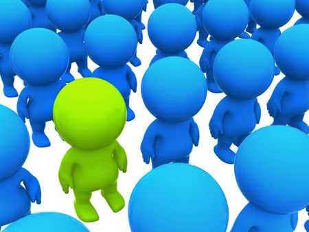 3D man standing out in a crowd - isolated over a white background