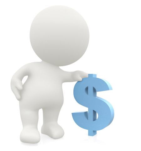 3D man leaning on a dollar sign isolated over a white background