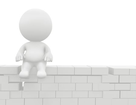 3D man sitting on the brick wall - isolated over a white background