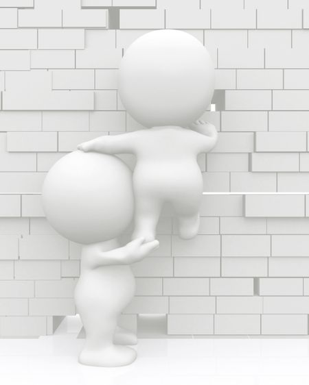 3D men climbing a brick wall isolated over a white background